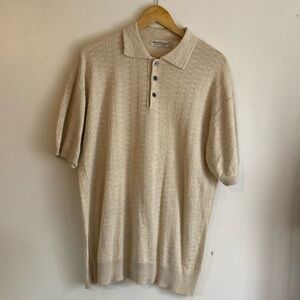 Norm Thompson Linen Blend Henley Polo Knit Short Sleeve Sweater tan Size L